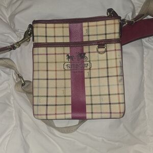 Coach Cream Plaid Crossbody with Pink Center Stripe
